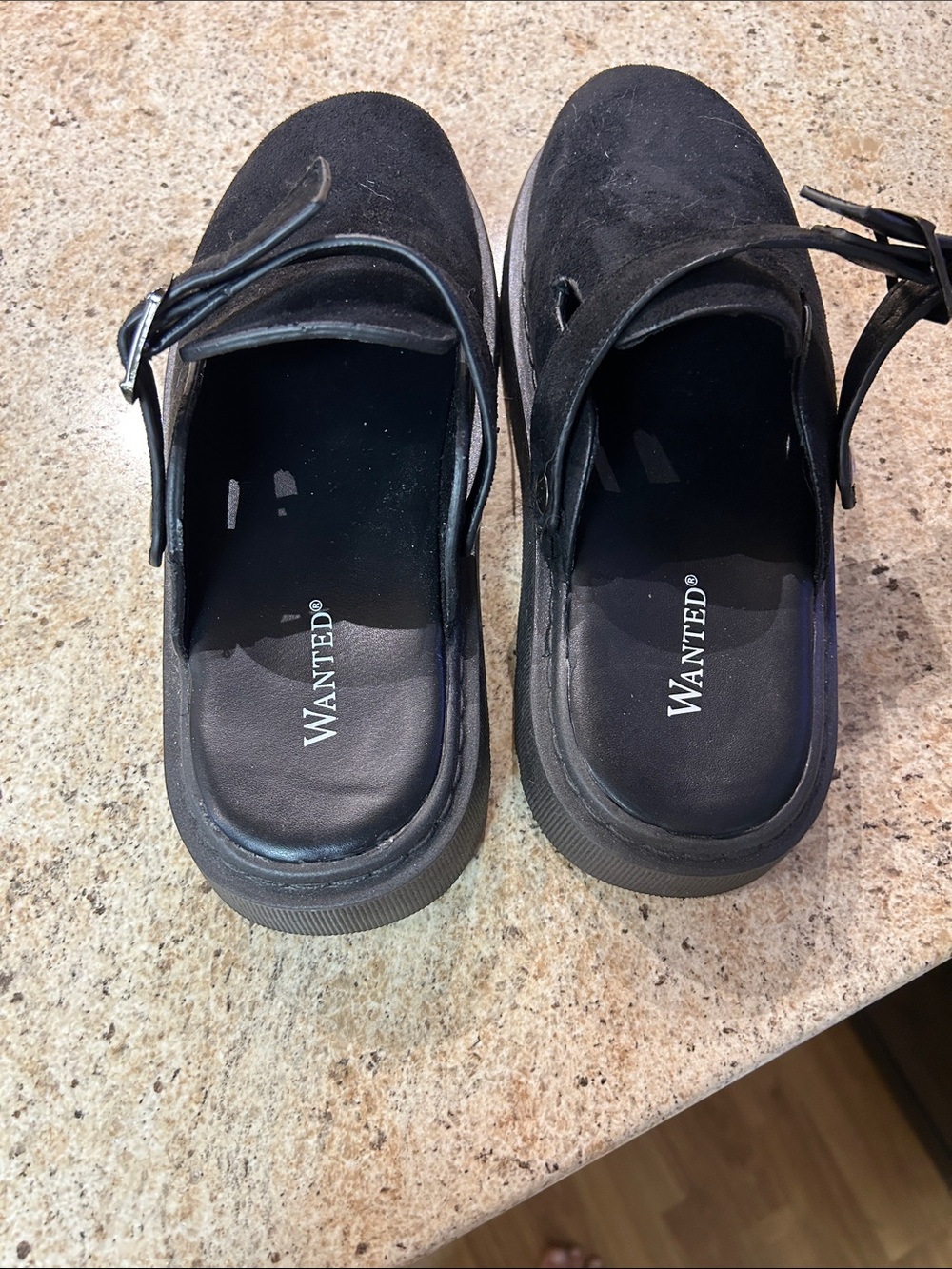 WANTED Black Suede Buckle Platform Slides